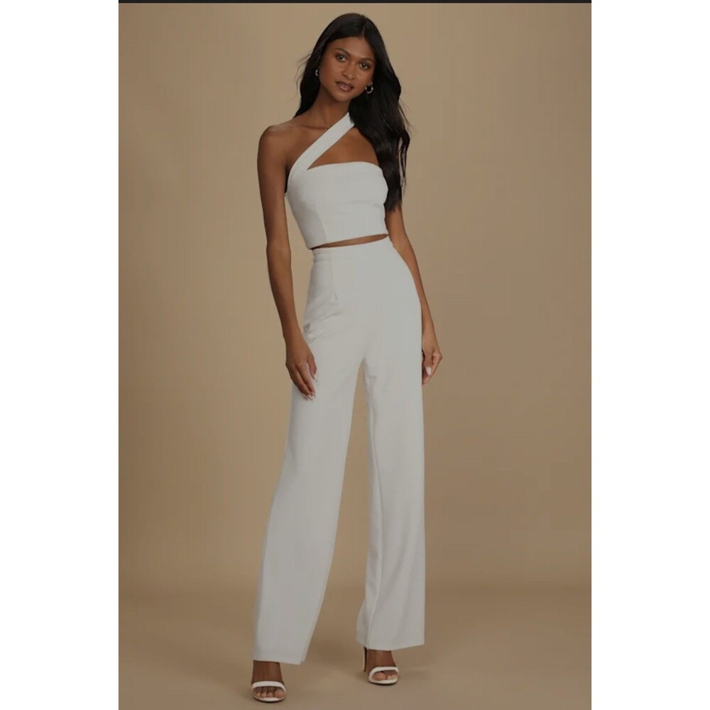 LULUS Flaunt It Like That White One-Shoulder Two-Piece Jumpsuit Wide Leg Size S